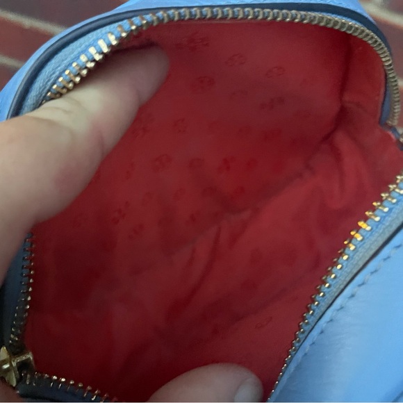 Tory Burch Logo Blue Perforated Leather Cosmetic Make Up Bag Pouch Clutch EUC - Picture 7 of 7